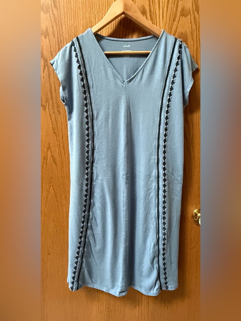 Pure Jill. Light Blue V-Neck Tunic Dress with Dark Blue Embroidered Trim